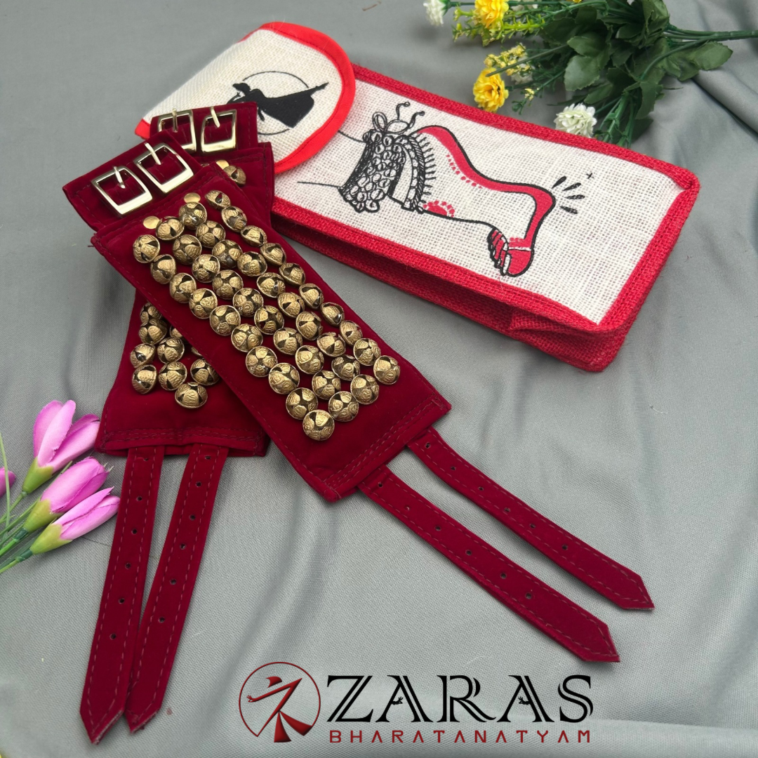 Bharatanatyam Dance Salangai Velvet Ankle Bells + Jute Bag