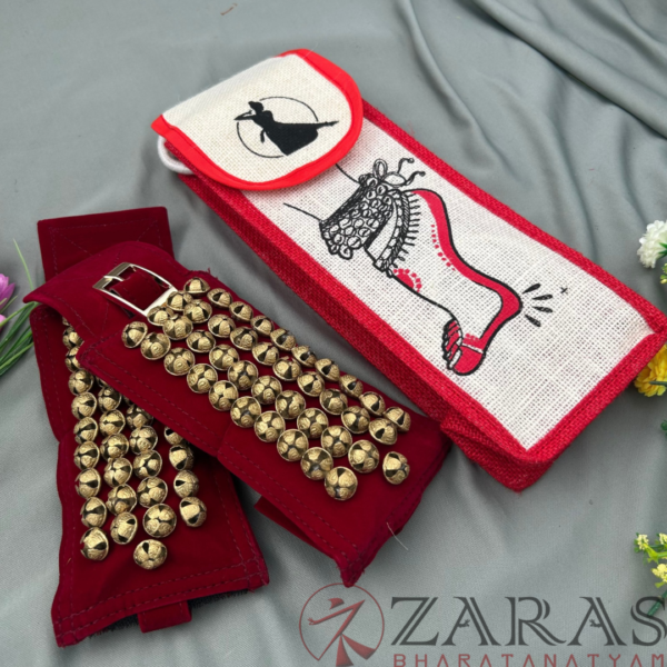 Bharatanatyam Dance Salangai - 4 Line Velvet Ankle Bells Buckle & Velcro + Jute Salangai Bag (Combo) - Image 3