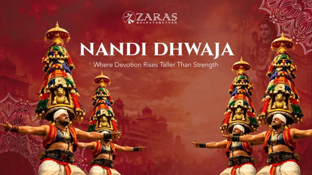 Nandhi Dhwaja ritual flag displayed before a Bharatanatyam performance with traditional temple background