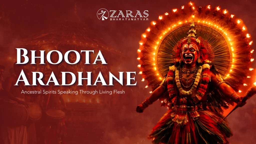 Bhoota Aradhane ritual performance with spirit dancer in elaborate face paint and traditional costume at night