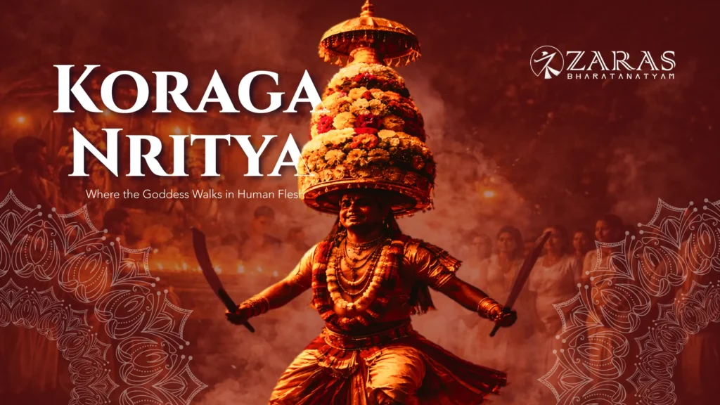 Koraga Nritya (Karaga) ritual dance with performer balancing decorated karaga pot on head during night procession