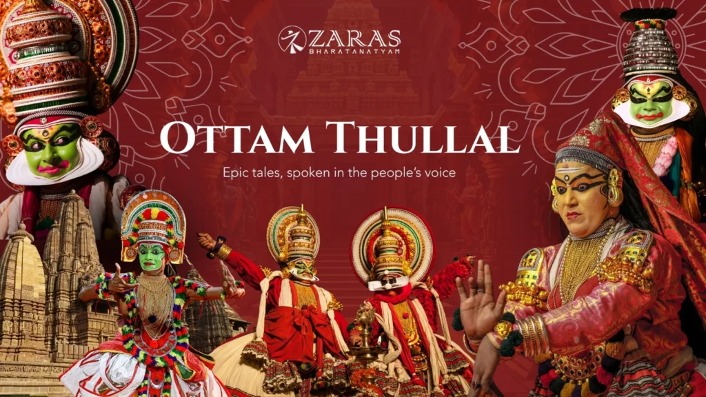 Ottam Thullal classical dance performance with expressive facial expressions and vibrant traditional costume